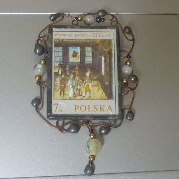 Vintage Polish "Miniatures from Behem's Codex" Stamp Brooch/Pendant - Picture 1 of 9